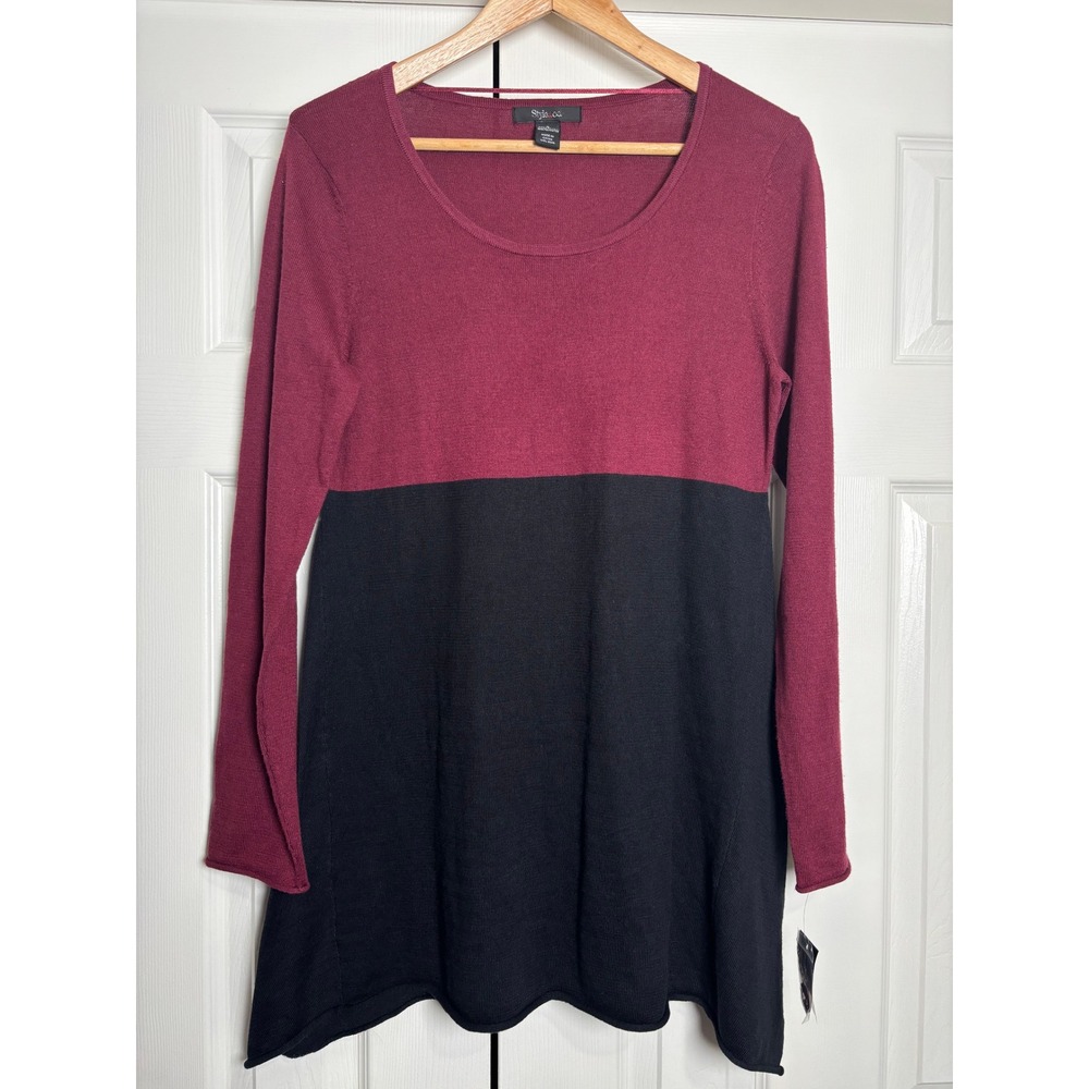 Style & Co Womens Colorblock Tunic Sweater Burgundy Black Small 34699OD805